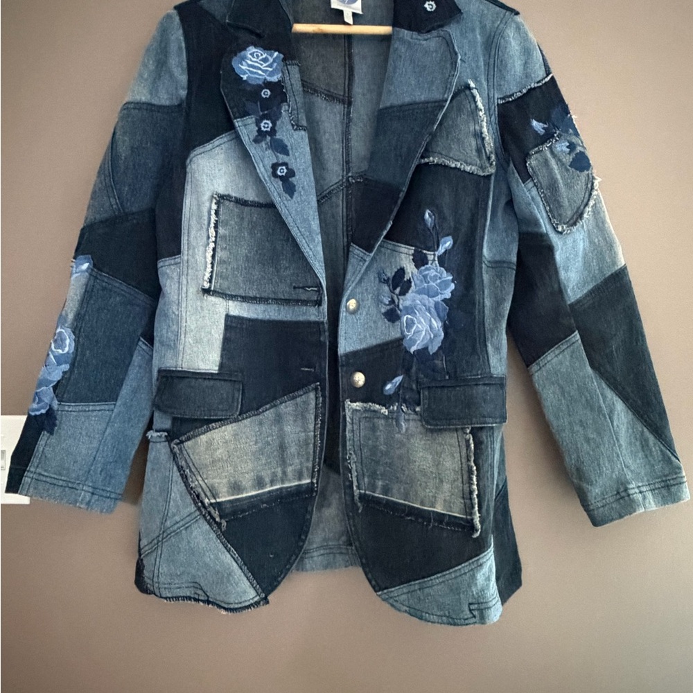 Y2K DG2 Diane Gilman Blazer Women S Stretch Denim Floral Embroidered 2 Button